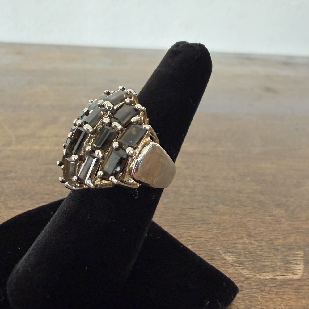 Emerald Cut Smokey Quartz Cluster Ring Natural Gemstone 925 Silver Sz‎ 6.75